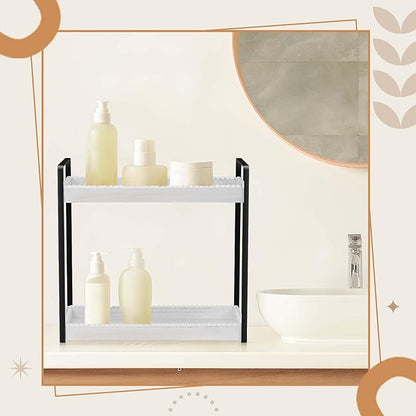 DoubleFill Bathroom Countertop Organizer, 2 Tier Wood Bead Vanity Organizer Tray for Bathroom Cosmetic Skincare Perfume Kitchen Coffee Station Organization(White,Retro)