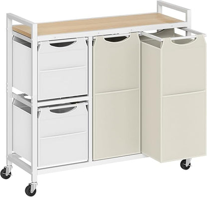 HOOBRO Laundry Sorter with 4 Section, 34 Gal. (127 L) Laundry Hamper with Wheels, Rolling Laundry Basket with Shelves, Pull-Out Detachable Bags, Side Pockets, White, Natural and Beige WNE14XY01N1