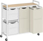 HOOBRO Laundry Sorter with 4 Section, 34 Gal. (127 L) Laundry Hamper with Wheels, Rolling Laundry Basket with Shelves, Pull-Out Detachable Bags, Side Pockets, White, Natural and Beige WNE14XY01N1