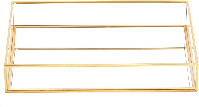 Gold Mirror Decorative Tray Jewelry Perfume Organizer Vanity Tray, Dresser Tray, Bathroom Bedroom Cosmetics Storage, Metal and Glass, Rectangular, 11.8"x7.9"x2"