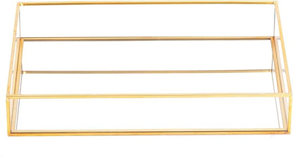 Gold Mirror Decorative Tray Jewelry Perfume Organizer Vanity Tray, Dresser Tray, Bathroom Bedroom Cosmetics Storage, Metal and Glass, Rectangular, 11.8"x7.9"x2"