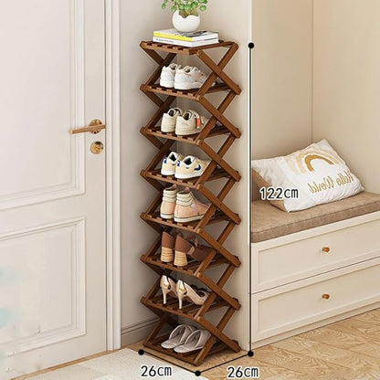 Narrow Shoe Rack - Shoe Storage Organiser- Vertical Bamboo Foldable Shoes Shelf for Entryway, Closet, Bedroom, Hallway ([Tawny] 8 Layers)