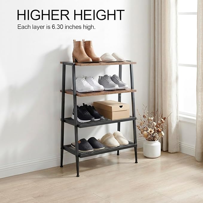 A-Shape Shoe Rack, 4-Tier Heavy-Duty Shoe Organizer with Wooden Top & Mesh Shelves, Space-Saving for Entryway, Bedroom, Hallway(25.28" H, Holds 8 Pairs, Rustic Brown)