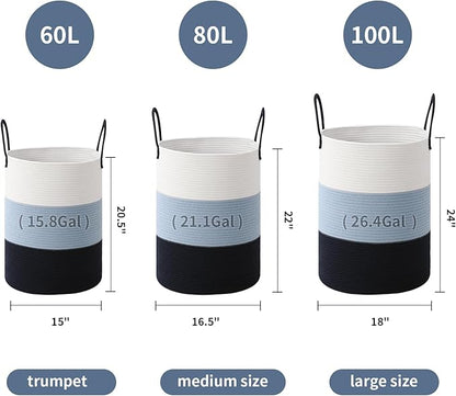 Laundry Basket Hamper Tall Rope Storage Woven for Blanket toys Dirty Clothes in Living Room Bathroom Bedroom (Gradient Blue, 60L/15.8Gal)