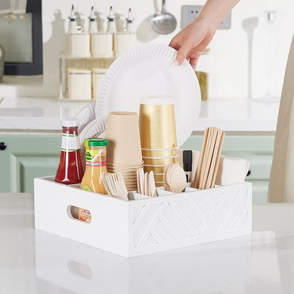 Utensil Holder for Party-Paper Plate Dispenser and Holders for countertop,Wood Rustic Silverware Utensil Caddy with 7 Compartments,Cutlery Flatware Organizer Box for Cup/Fork/Spoon,Kitchen Accessories