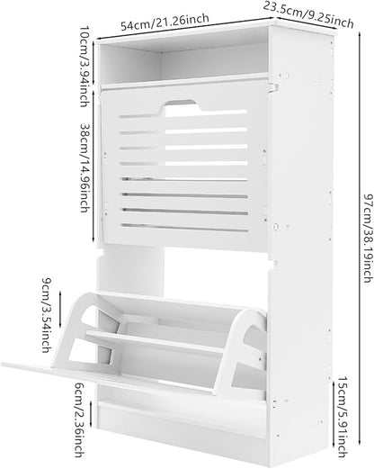 Free Standing Shoe Rack for Entryway, Hidden Narrow Shoe Storage Cabinet w/2 Flip Drawers, Shoe Organizer Cabinet for Bedroom Hallway Home Apartment (White)