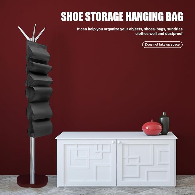 Folding Hanging Shoe Organizer Bag Large Capacity Portable Shoes Storage Pouch Black with Multiple Grids for Home Closet