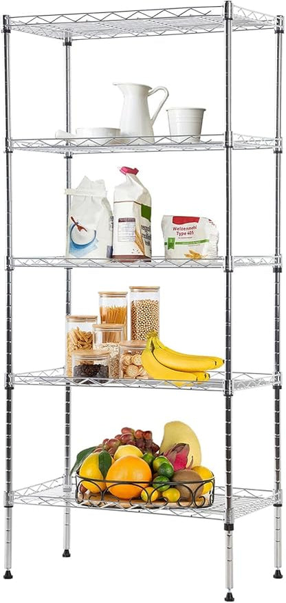 5-Tier Shelving Unit Adjustable Metal Shelves 48" H Storage Rack Wire Shelf for Pantry Kitchen Closet Organization Space Saving, 750LB Capacity, 21.5D x 11.6W x 47.6H, Chrome