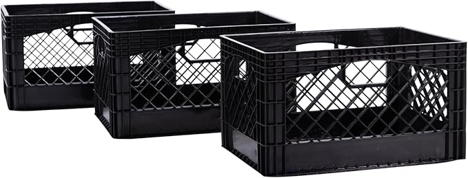 Rectangular Plastic Milk Crate Storage Tote with Handles, 24-Quart Stackable Organizer for Garage, Home, and Office, Made in the USA, 19" x 13" x 11" (3-Pack) - Black