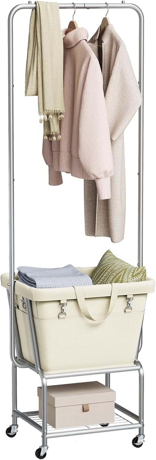 ELYKEN Laundry Cart with Hanging Rack, Rolling Laundry Hamper with Wheels, Laundry Basket with Removable Liner Bag and Shelf, Sturdy Metal Frame Dirty Clothes Basket for Hotel, Home, Closet, Dorm