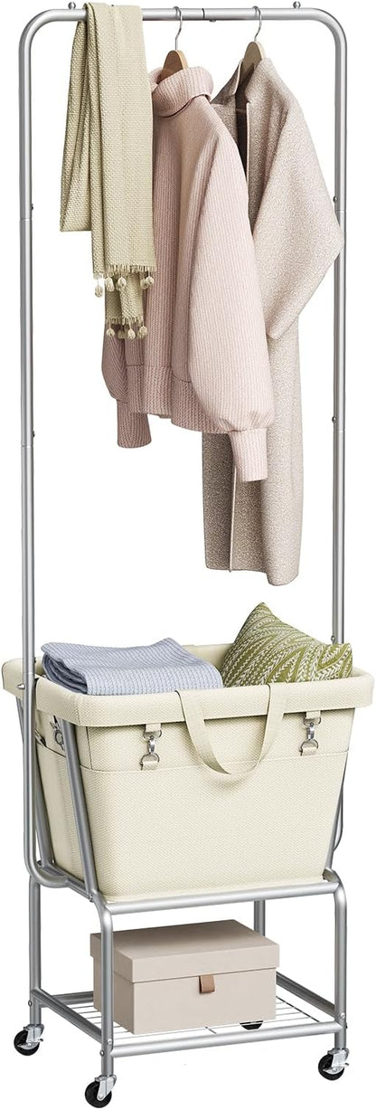 ELYKEN Laundry Cart with Hanging Rack, Rolling Laundry Hamper with Wheels, Laundry Basket with Removable Liner Bag and Shelf, Sturdy Metal Frame Dirty Clothes Basket for Hotel, Home, Closet, Dorm