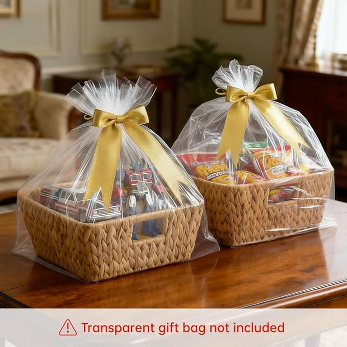 Square Water Hyacinth Storage Baskets Set of 2, Woven Basket for Christmas Gifts Empty, Handwoven Wicker Baskets Organizers with Handles for Pantry, Living Room，Shelf & Home Decor,Medium