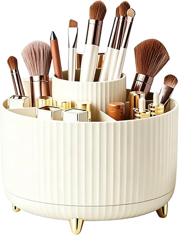 Makeup Brush Holder, Makeup Brush Organizer Countertop, Skincare Makeup Cosmetic Perfume Organizer Storage Box Case for Vanity Bathroom Countertop(Beige)