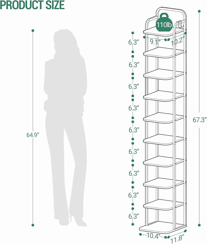Hzuaneri 10 Tiers Vertical Shoe Rack, Narrow Shoe Tower, Tall Shoes Shelf with 2 Hooks, Adjustable Shelves, Corner Shoes Shelves for Small Spaces, Entryway, Living Room, White Gold SR11213A