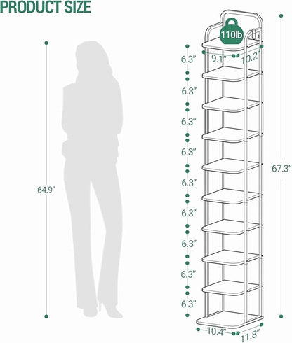 Hzuaneri 10 Tiers Vertical Shoe Rack, Narrow Shoe Tower, Tall Shoes Shelf with 2 Hooks, Adjustable Shelves, Corner Shoes Shelves for Small Spaces, Entryway, Living Room, White Gold SR11213A