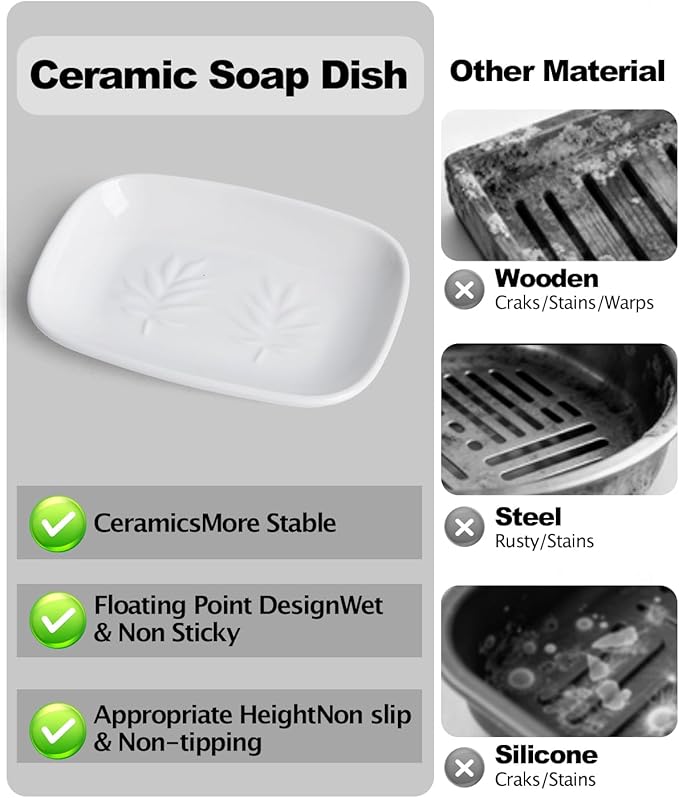 Ceramic Soap Dish for Bathroom and Kitchen, Non-Slip Bar Soap Holder with Fast Drain Design, Soap Saver Tray for Sink, White