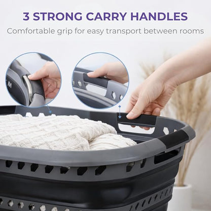 Laundry 360 Collapsible Laundry Basket 40L | Portable | Space Saver Storage | Hold 2 Loads | Store Under the Bed or Closet | Good for Kids | Dorm | Bedroom | Large | Grey/Black