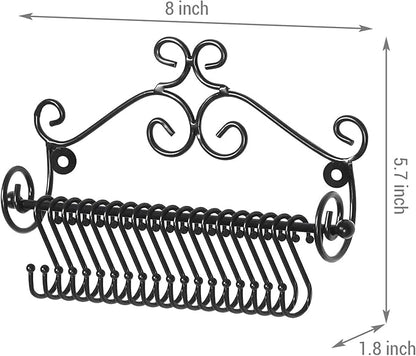 MyGift Necklace Holder Wall Mount, Set of 2 Jewelry Organizer - Black Metal Scrollwork Design Necklace Hanger Jewelry Display Storage Rack with 20 Hanging S-Hooks