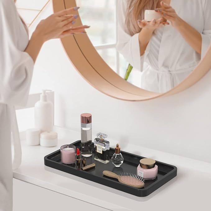 Bathroom Vanity Tray for Countertop - Bamboo Organizer Tray for Dresser Tops, Toilet, Perfume Small Decorative Tray Wood Tray for Home Decoration 11.81” L x 6.1” W x 0.79” H Black