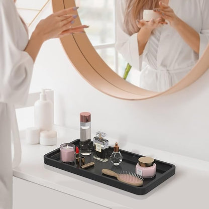 Bathroom Vanity Tray for Countertop - Bamboo Organizer Tray for Dresser Tops, Toilet, Perfume Small Decorative Tray Wood Tray for Home Decoration 11.81” L x 6.1” W x 0.79” H Black