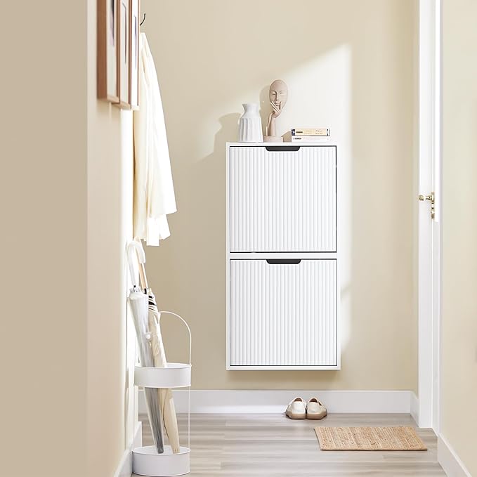 SoBuy Wall Mounted Slim Shoe Cabinet for Entryway, Narrow Shoe Rack Cabinet with 2 Flip Drawers, FSR170 (White)