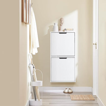 SoBuy Wall Mounted Slim Shoe Cabinet for Entryway, Narrow Shoe Rack Cabinet with 2 Flip Drawers, FSR170 (White)