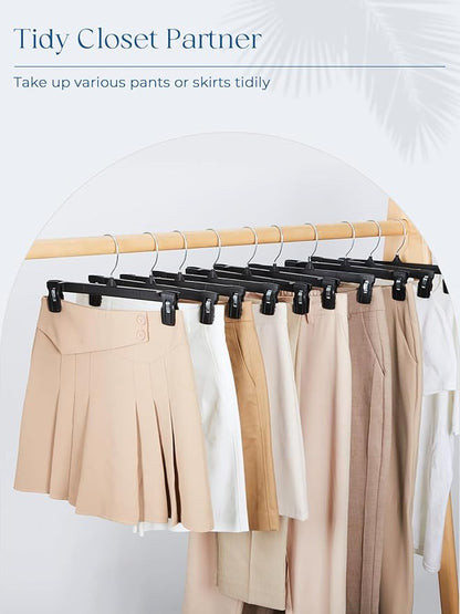 Smartor Space Saving Skirt Hangers - 150 Pack, Slim Plastic Pants and Shorts Hangers, Ridged Non-Slip with Pinch Clips, Black Clip Hanger for Women, 360-Rotating Chrome Swivel Hook, 10 Inches