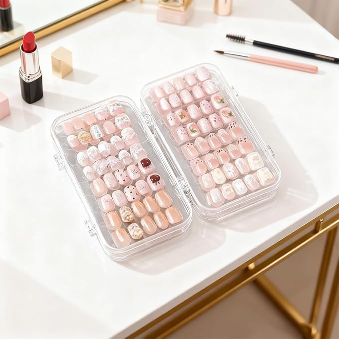 Tri-Fold Press On Nail Organizer Case, Press on Nail Storage Box Acrylic Nail Display Box Clear Nails Packaging Storage Case with Adhesive Strips for Fake Nail Home Travel Use