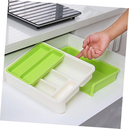 Telescopic Cutlery Storage Tray Kitchen Organizer Multi-divided Design for Versatile Storage Container for White Green