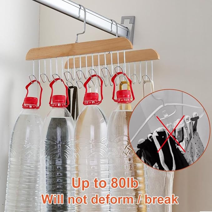 2 Pack Belt Hanger with 16 Hooks, Non-Slip Wooden Skid-Proof Belt Holder, Space-Saving Rotating Display Rack for Belts, Tops, Hats
