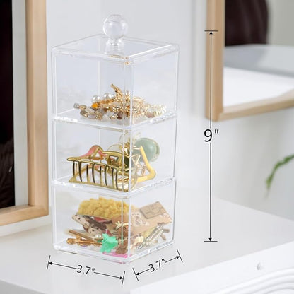 Clear Bathroom Dresser Organizer 3 Compartment with 1 Lid, Transparent Hair Accessories Organizer, Cotton Ball and Swab Holder, Small Plastic Storage Containers Vanity Makeup Organization (Clear Lid)