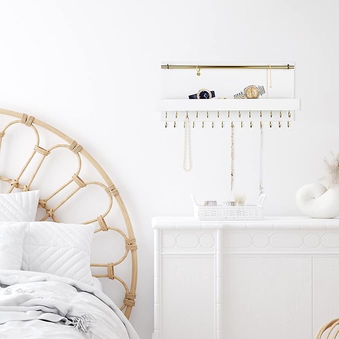 SANY DAYO HOME 27 Hooks Wall Mounted Necklace Holder 14 x 6 inch Hanging Rustic Wooden Jewelry Organizer with Removable Bracelet Rod and Shelf for Kids, Girls, Women - Ivory White