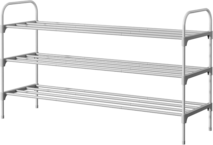 Kitsure Shoe Rack - 3-Tier Space-Saving Shoe Organizer & Shoe Shelf with Handle, Easy Assembly, Sturdy Metal Shoe Rack for Closet, Entryway, Bedroom, 28.0" x 11.8" x 25.6", Grey