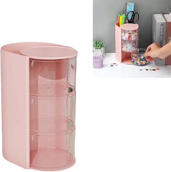 3-Tier Hair Accessories Organizer with Hair Brush Holder, Rotatable Makeup Brush Holder for Necklaces, Earring, Bracelet, Ring, Makeup Brushes, Hair Clip and Hair Accessories(Pink)