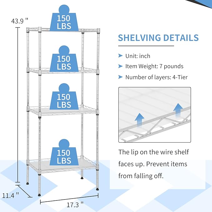 4-Tier Shelving Unit 44" H x 18L x 12D Storage Shelves with Wire Shelf Liners Adjustable Small Closet Shelves Metal Shelf Rack for Storage Kitchen Pantry Laundry, 600Lb Capacity, Chrome
