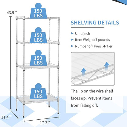 4-Tier Shelving Unit 44" H x 18L x 12D Storage Shelves with Wire Shelf Liners Adjustable Small Closet Shelves Metal Shelf Rack for Storage Kitchen Pantry Laundry, 600Lb Capacity, Chrome