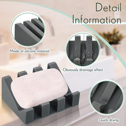 Cunhill 2 Pieces Silicone Soap Dish Self Draining Soap Dish Shower Waterfall Bar Soap Holder Tray with Drain Soap Saver for Kitchen Bathroom Accessories (Dark Grey,Cream White)