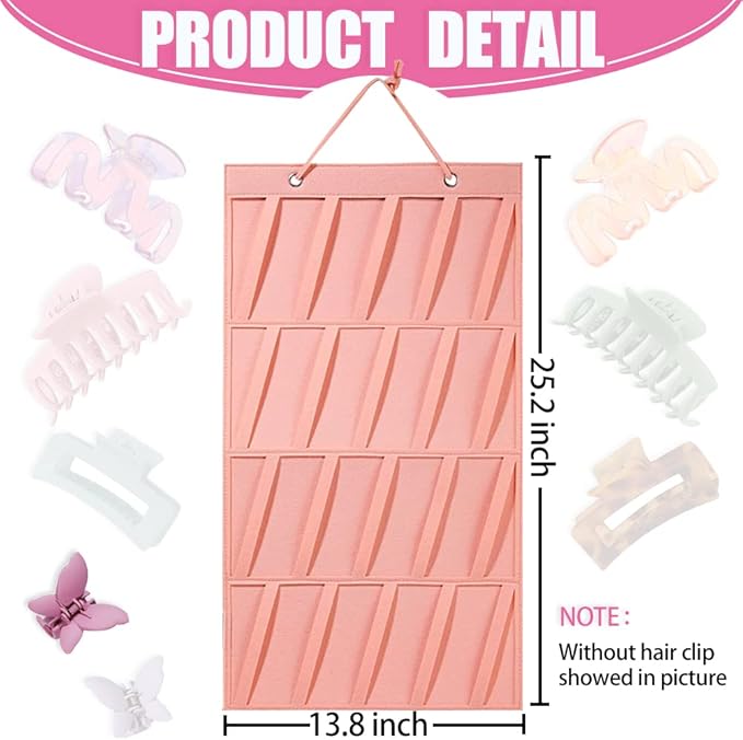 Premium Felt Hanging Claw Clip Organizer - Large Capacity for Girls & Women Hair Clips - Bows Display Stand for Wall, Door or Closet (Pink)