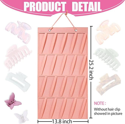 Premium Felt Hanging Claw Clip Organizer - Large Capacity for Girls & Women Hair Clips - Bows Display Stand for Wall, Door or Closet (Pink)