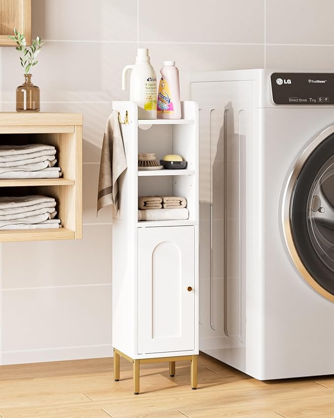 Bathroom Storage Cabinet, Small Corner Floor Hutch with Door and Adjustable Shelves, Narrow Toilet Paper Cabinet with Two Hooks, Bathroom Organizer for Small Spaces