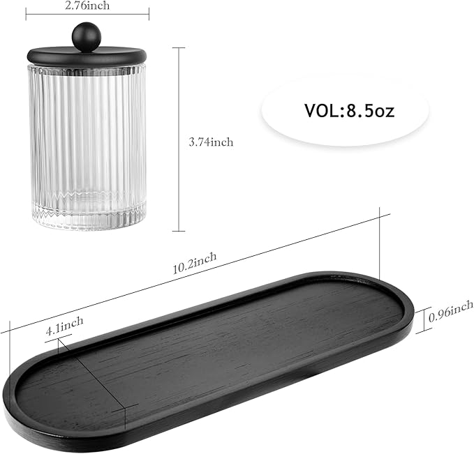 SheeChung 3-Pack Qtip Holder, Apothecary Jars with Bamboo Tray - Modern Industrial Bathroom Organizer Set for Cotton Rounds, Swabs & Flossers - Minimalist Vanity Storage Canister (Matte Black Glass)
