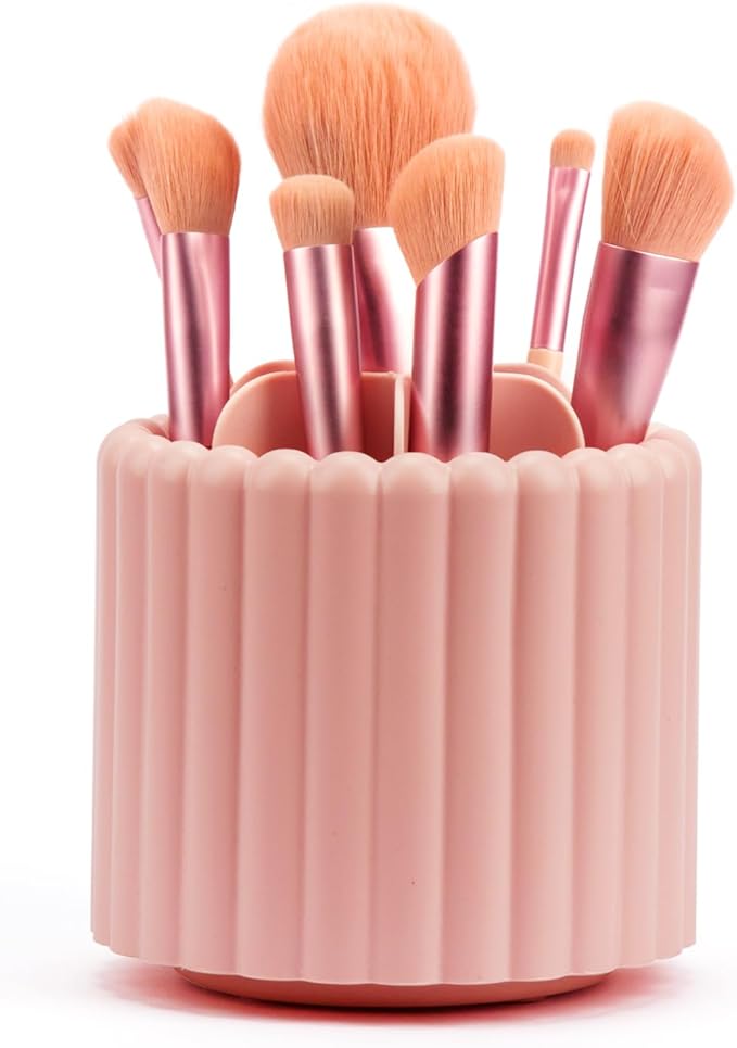 360 Rotating Makeup Brush Cup,Pink Cute Brush Organizer , Removable 7 Slots Spinning Cosmetic Brushes Storage Pen Holder for Vanity, Dresser, Desk, 5 Inch | 1 Pack