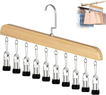 Closet Organizer with 10 Clips, Space Saving Hanging Closet Organizer, Space-Saving Closet Organizers and Storage with Sturdy Steel Non-Slip Clips (1, Natural Wood)