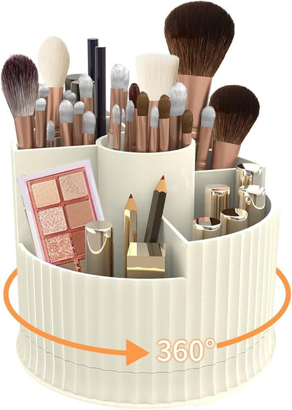 360° Rotating Makeup Brush Holder Organizer, 5 Slot Make up Brushes Cup for Cosmetics, Nail Polish, Art Supply, Skincare, Perfume, Bathroom Vanity Desktop Organizer - Creamy white