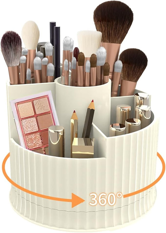 360° Rotating Makeup Brush Holder Organizer, 5 Slot Make up Brushes Cup for Cosmetics, Nail Polish, Art Supply, Skincare, Perfume, Bathroom Vanity Desktop Organizer - Creamy white