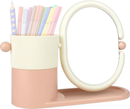Desk Organizer with Magnifying HD Rotating Glass Mirror 360° Adjustable Dual-Purpose Makeup Brush Holder Pen Caddy, Pink & White ABS Storage for Office & Vanity Accessories+Free Lens Cloth