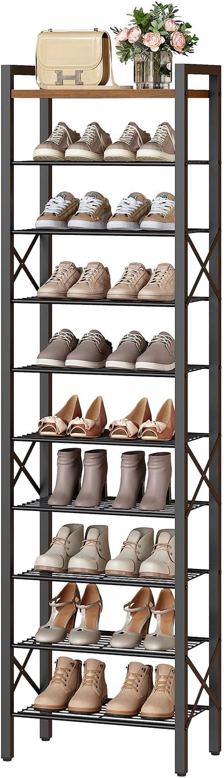 YATINEY 10-Tier Narrow Shoe Rack, Tall Shoe Rack for 10-20 Pairs, Slim Shoe Storage Organizer with Wooden Top, Space Saving, Metal Frame, for Entryway, Rustic Brown and Black SS68BR