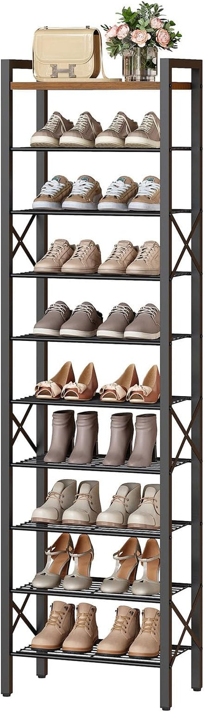 YATINEY 10-Tier Narrow Shoe Rack, Tall Shoe Rack for 10-20 Pairs, Slim Shoe Storage Organizer with Wooden Top, Space Saving, Metal Frame, for Entryway, Rustic Brown and Black SS68BR