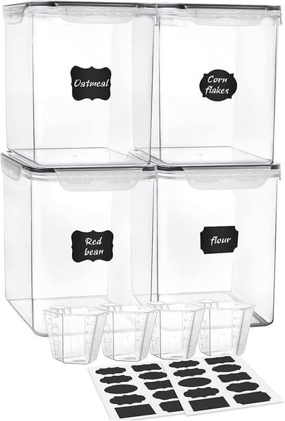 Large Food Storage Containers 5.2L (175oz), MCIRCO 4 Pieces Plastic Airtight Food Storage Containers for Flour, Sugar, Baking Supplies, with 4 Measuring Cups and 20 Labels