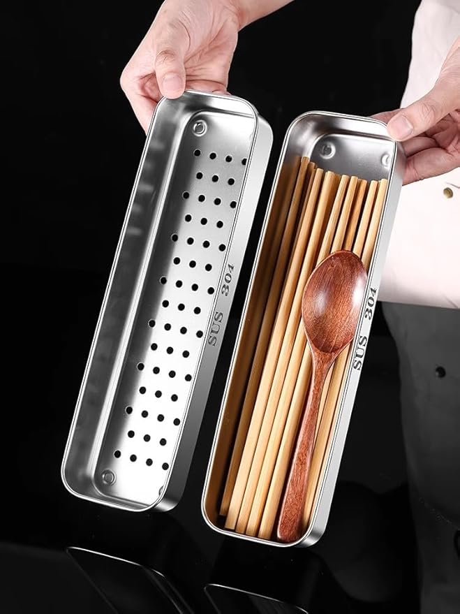 Flatware Tray with Lid,Stainless Steel Cutlery Tray Holder,Chopsticks Storage Boxes Kitchen Draining Chopstick Spoon Fork Storage Box with Lid Drainer(silver)